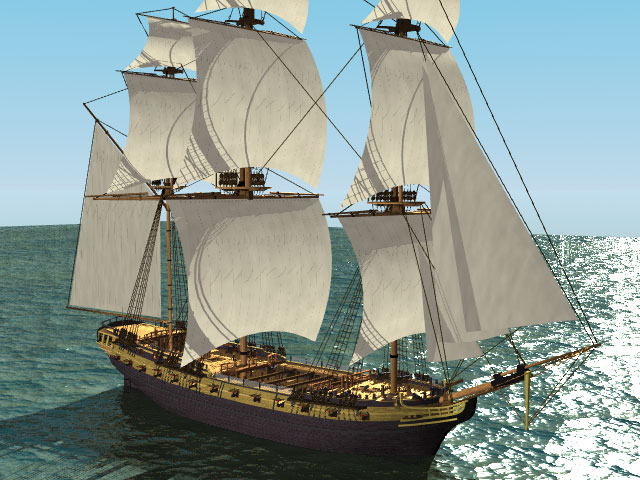 Three masted square rigged, tall-ship, on a calm sunny day.