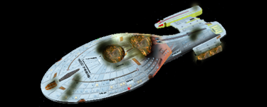 Intrepid class starship with extensive damage to it and one nacelle missing