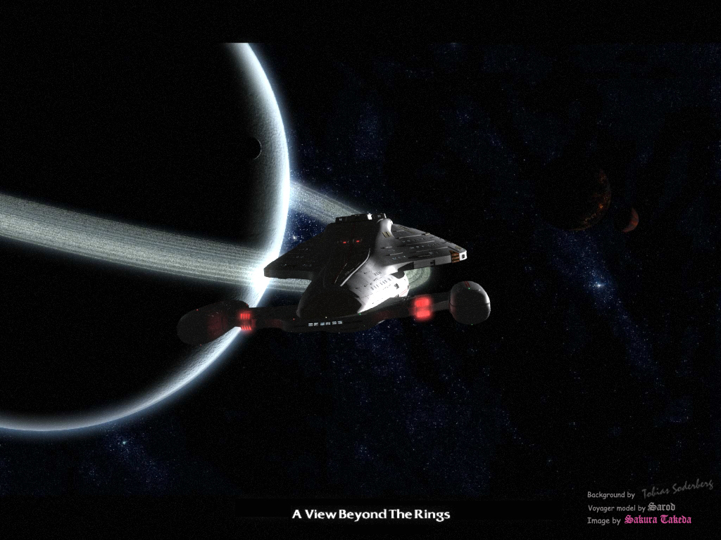 An Intrepid class ship orbiting an ecliptsed ringed planet 